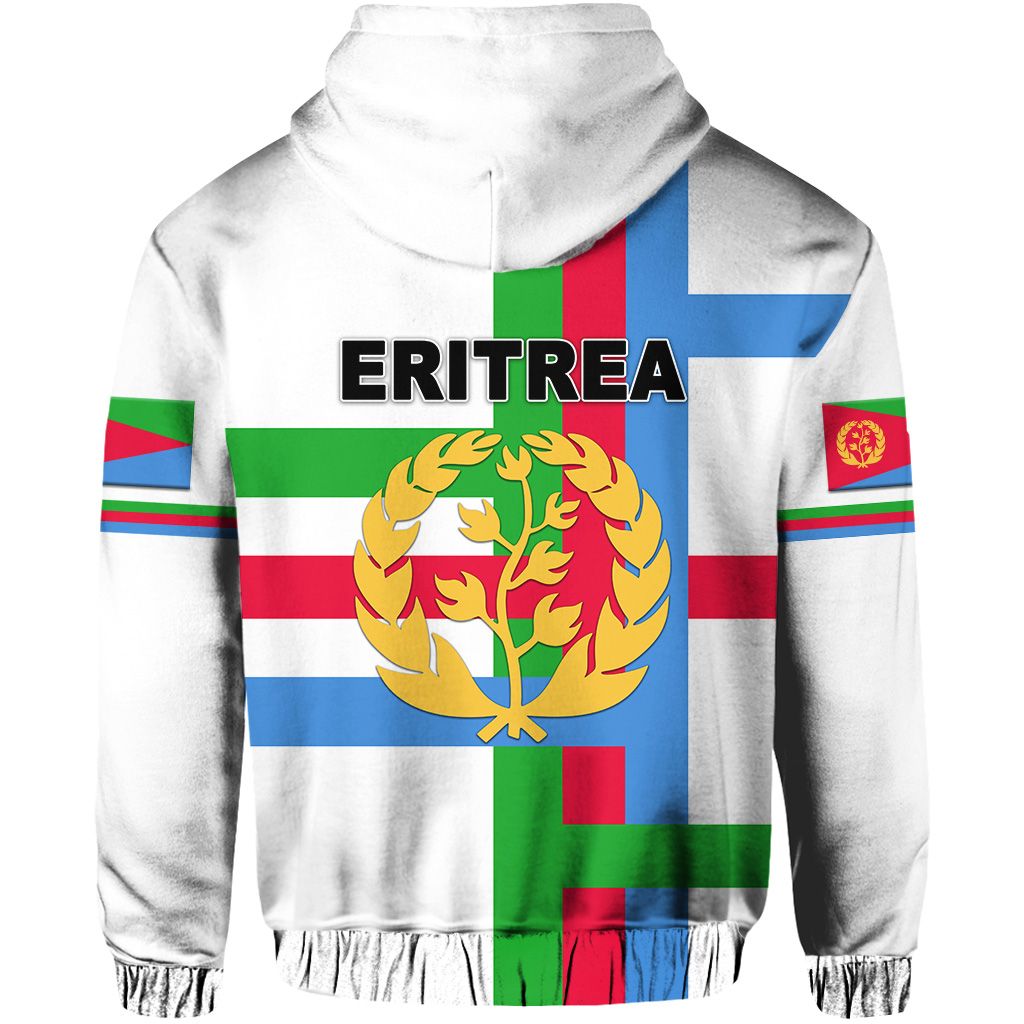 White zip hoodie back view with large ERITREA text and Eritrea emblem on flag