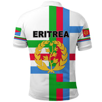 White Eritrea polo shirt, back print with “ERITREA” and laurel lion emblem