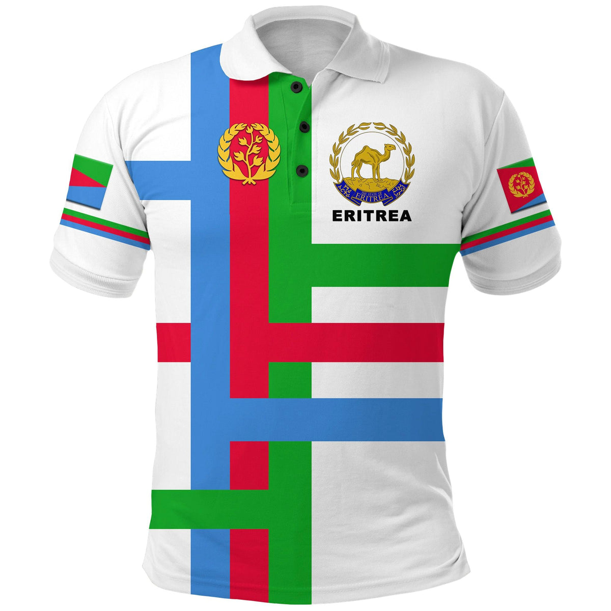 White Eritrea polo shirt, large flag graphic with “ERITREA” crest, front