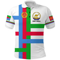 White Eritrea polo shirt, large flag graphic with “ERITREA” crest, front