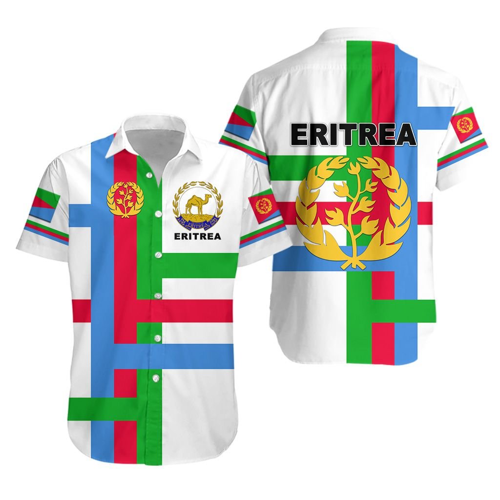 White Hawaiian shirt with Eritrea flag print, button-front short sleeves (unisex)