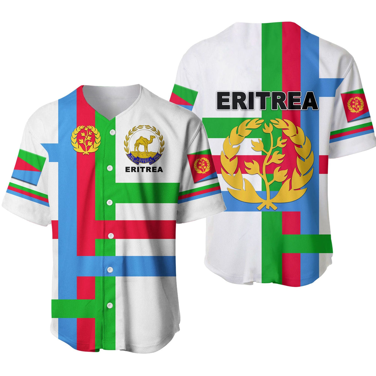 Eritrea baseball jersey, white with flag stripes, crest graphics; front button placket