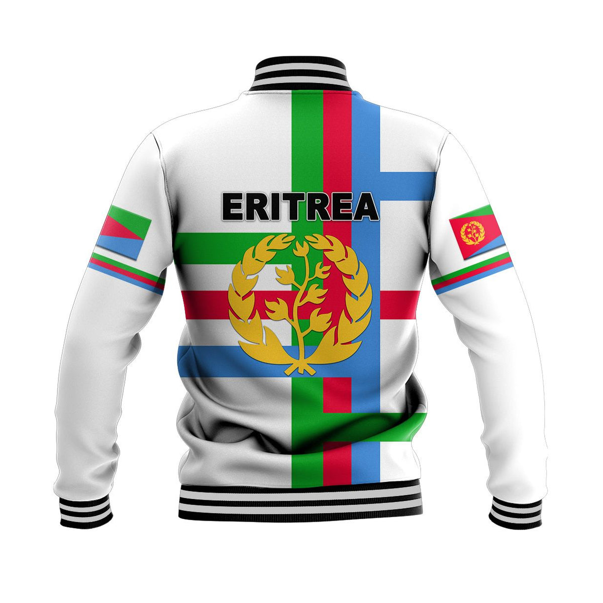 White Eritrea baseball jacket back view with large crest and flag stripes, ribbed hem