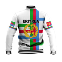 White Eritrea baseball jacket back view with large crest and flag stripes, ribbed hem