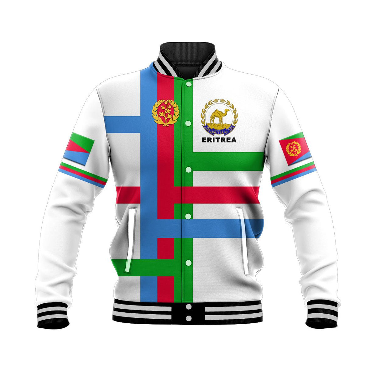 White Eritrea baseball jacket front view with flag stripes and snap buttons