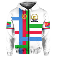 Front view: white zip hoodie with Eritrea flag crest graphic and drawstring hood