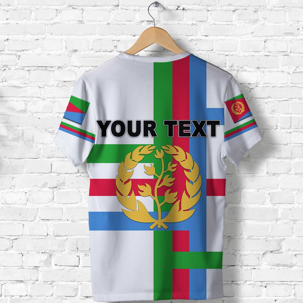 White Eritrea flag T-shirt back with 'YOUR TEXT' and gold laurel tree emblem