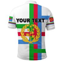 White Eritrea polo shirt back view with 'YOUR TEXT' and gold emblem on flag print