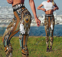 All-over wolf print leggings with dreamcatcher-style detailing, multicolor