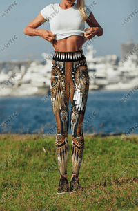 Wolf face and turquoise dreamcatcher print leggings, multicolor
