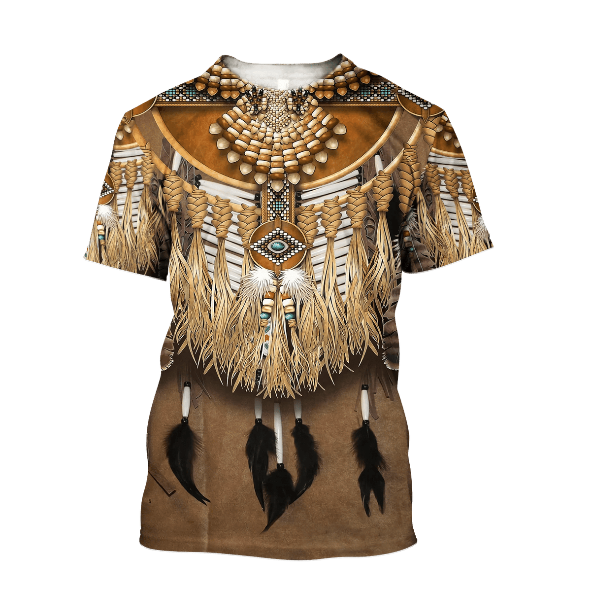 Brown Native American graphic T-shirt with bead headdress and feather dreamcatcher