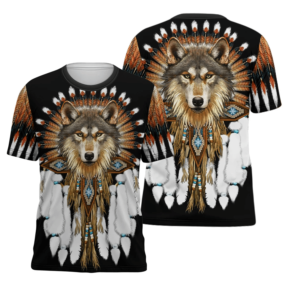 Gray wolf head with tribal headdress 3D print on black T‑shirt, multicolor