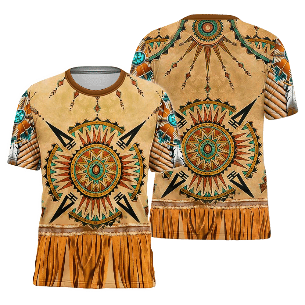 Multicolor 3D sun symbol all-over printed T-shirt, front view, short sleeves