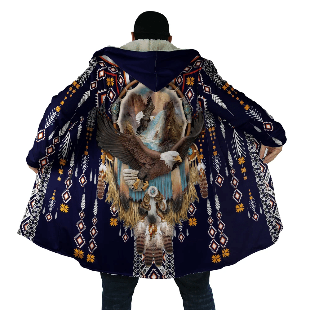 Navy hooded coat with all-over eagle and waterfall print, tribal diamond accents