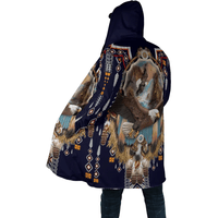 Side view of navy hooded coat with eagle-and-waterfall print and tribal diamond pattern