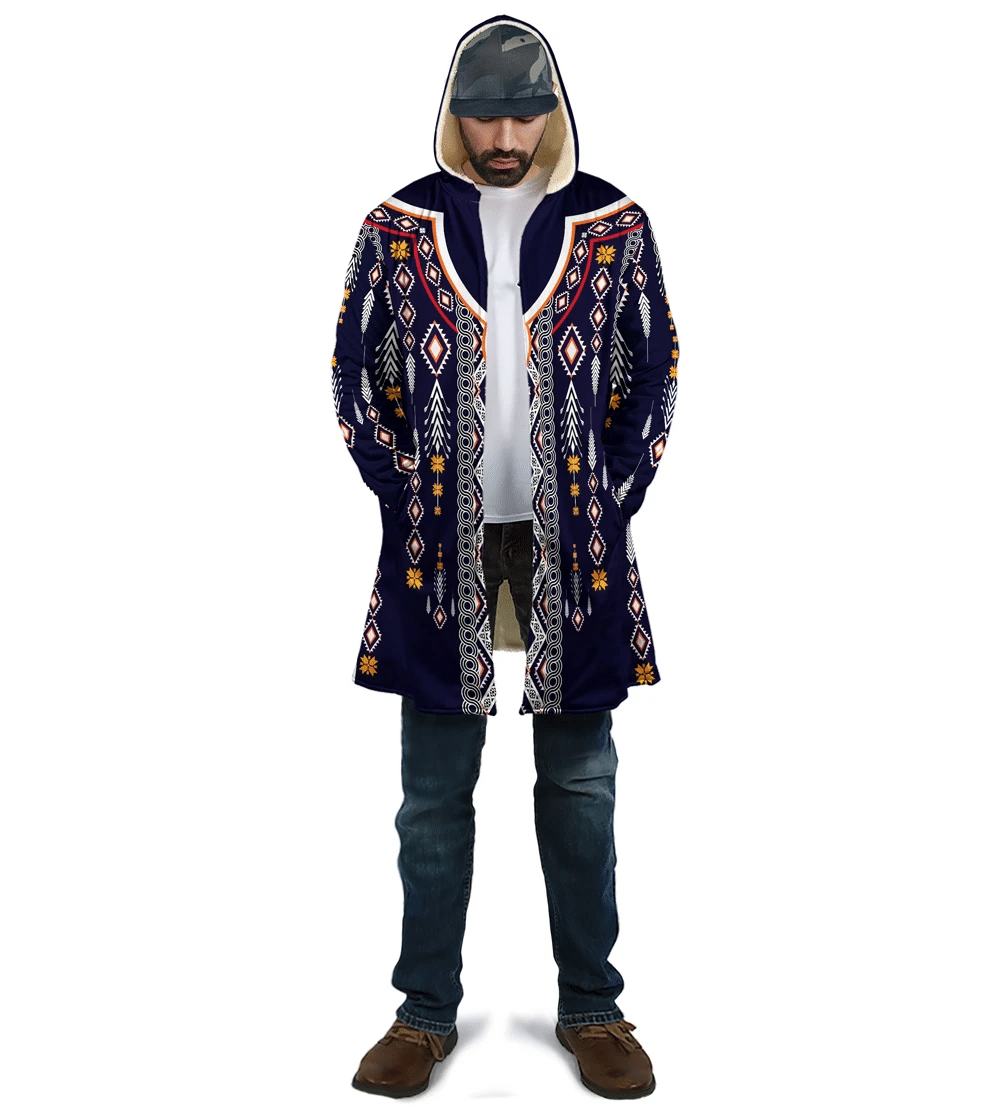 Front view of navy hooded coat with all-over eagle print and patterned tribal trim