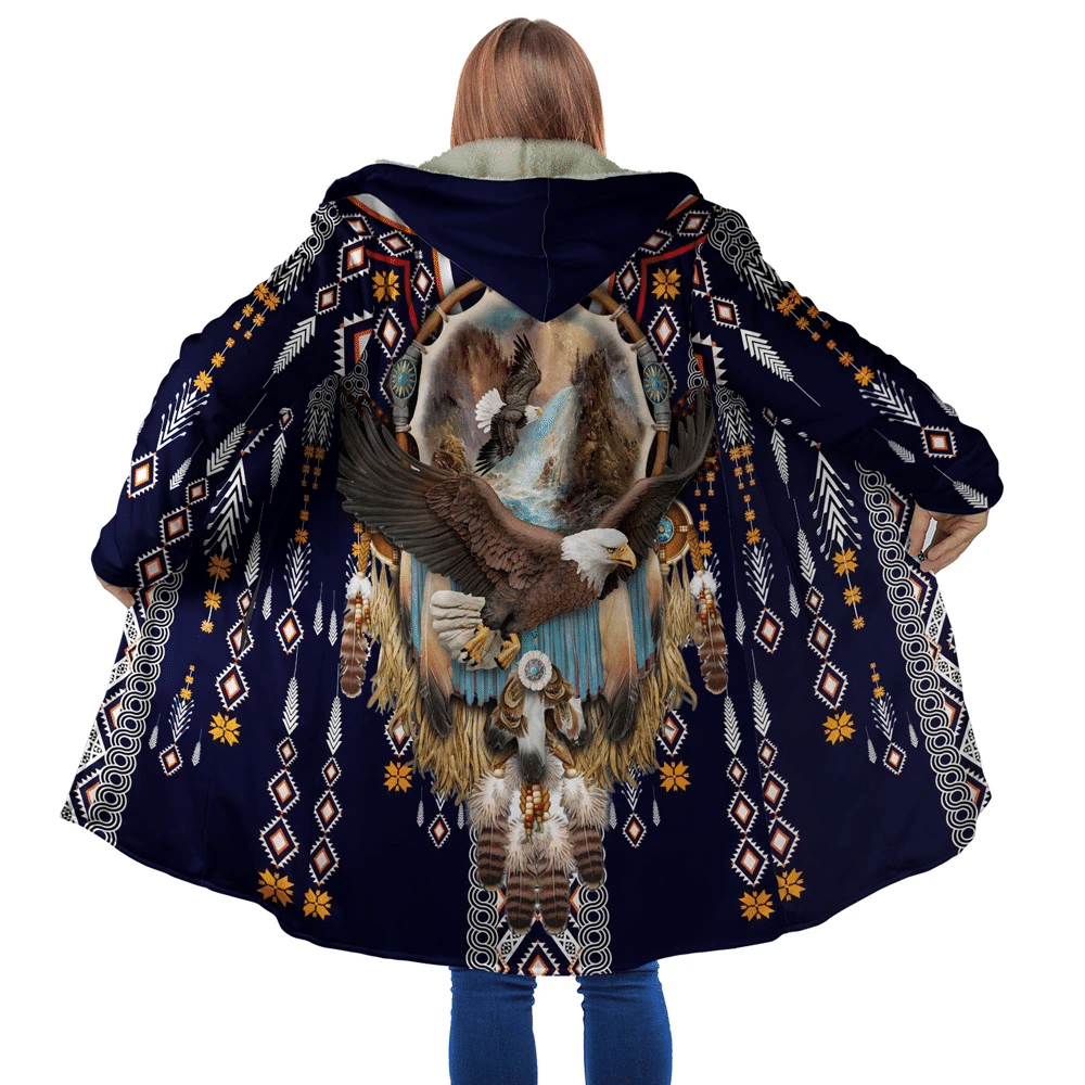 Multicolor hooded coat featuring eagle and waterfall design with patterned tribal borders