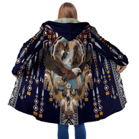 Multicolor hooded coat featuring eagle and waterfall design with patterned tribal borders