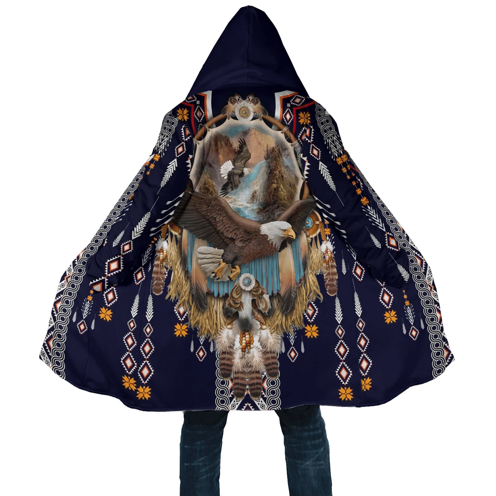 Navy back of hooded coat with large eagle centerpiece and waterfall scene graphic