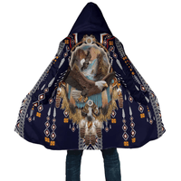 Navy back of hooded coat with large eagle centerpiece and waterfall scene graphic