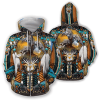 Zip hoodie with all-over bald eagle & dreamcatcher feather print, hood up