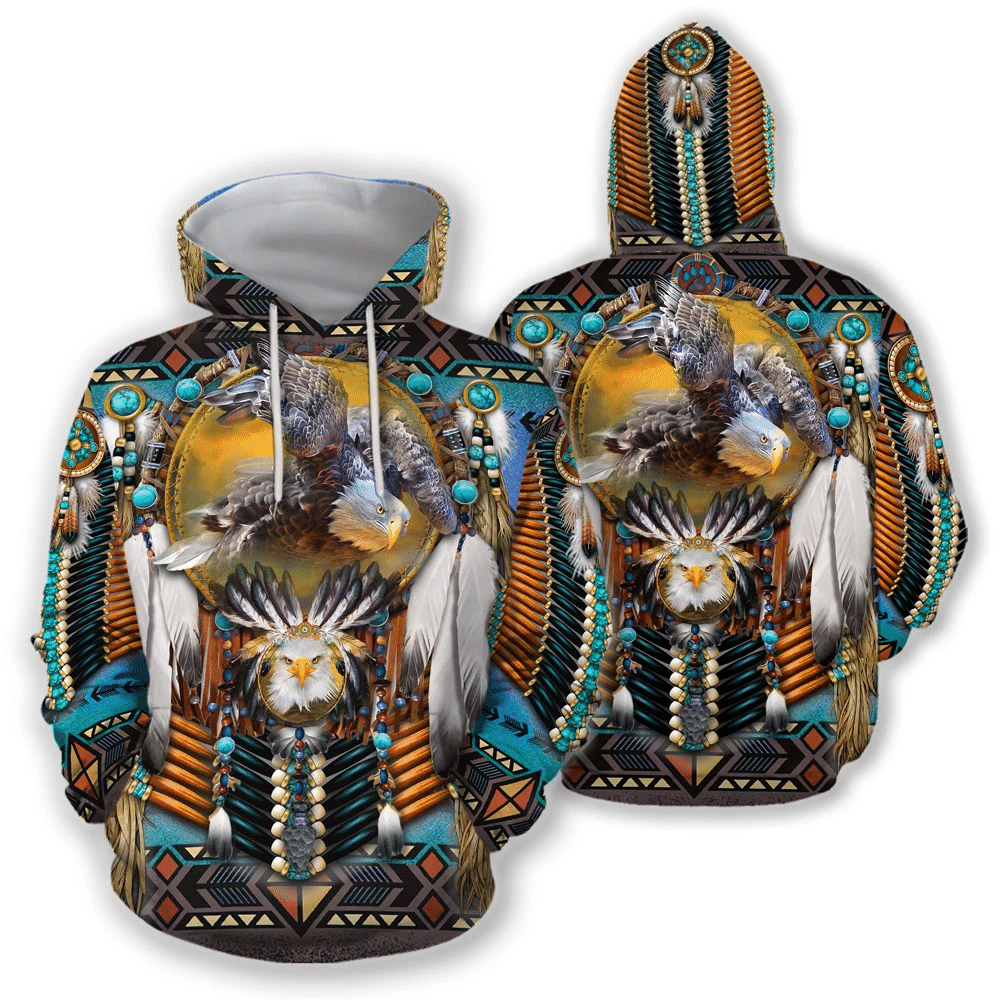 Zip hoodie featuring bald eagle and dreamcatcher graphic on front, turquoise and brown
