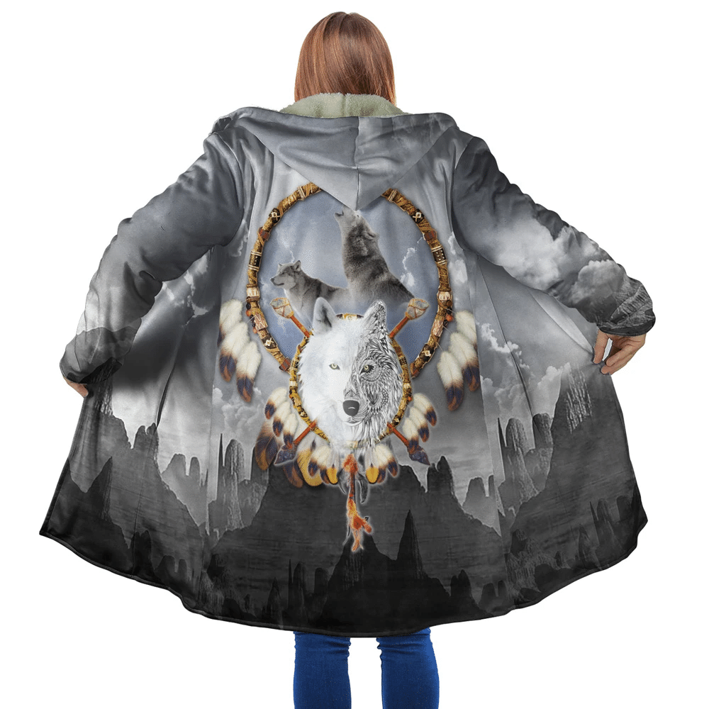 Unisex wolf all-over print hooded coat, back view with dreamcatcher and feather details