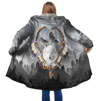 Unisex wolf all-over print hooded coat, back view with dreamcatcher and feather details