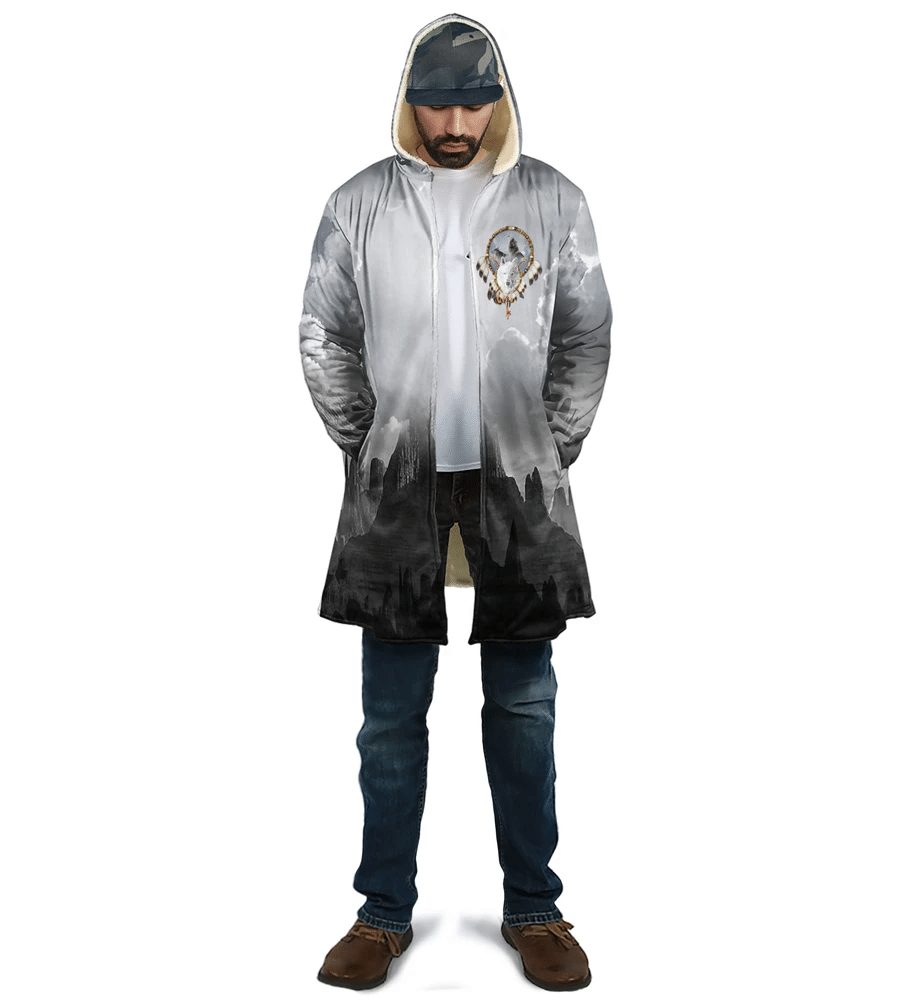 Unisex hooded coat with wolf dreamcatcher graphic on chest and dark landscape print hem
