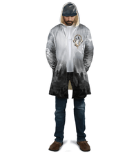 Unisex hooded coat with wolf dreamcatcher graphic on chest and dark landscape print hem