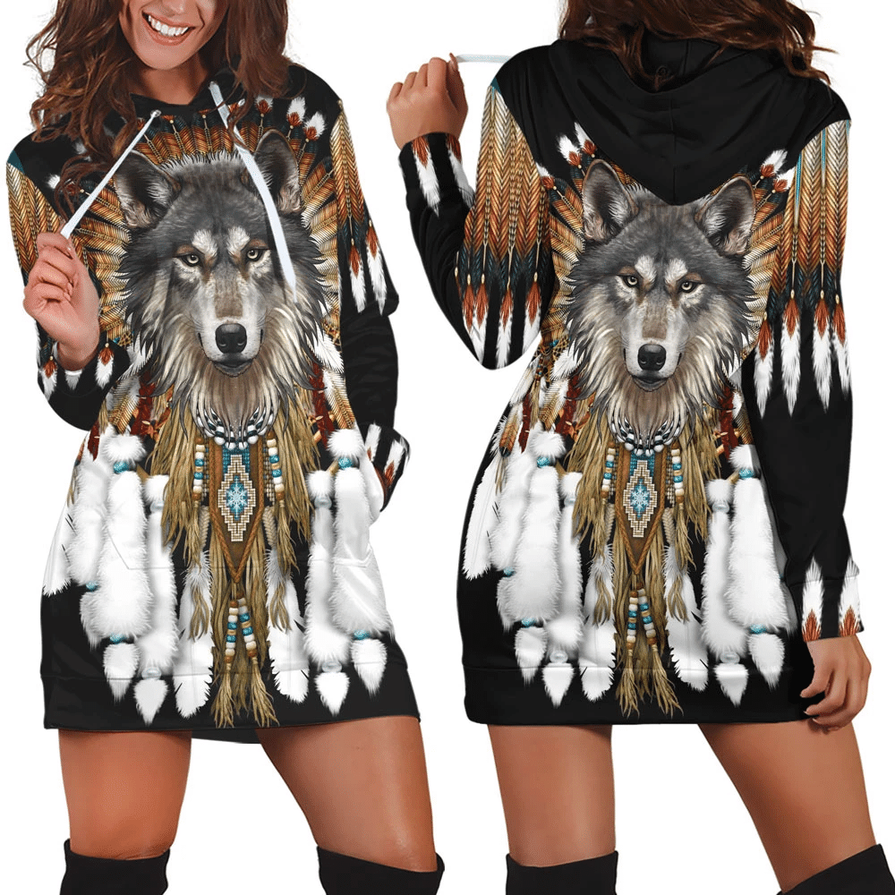 Black hoodie dress with all-over wolf king print, gray wolf face, feathers and fringe details