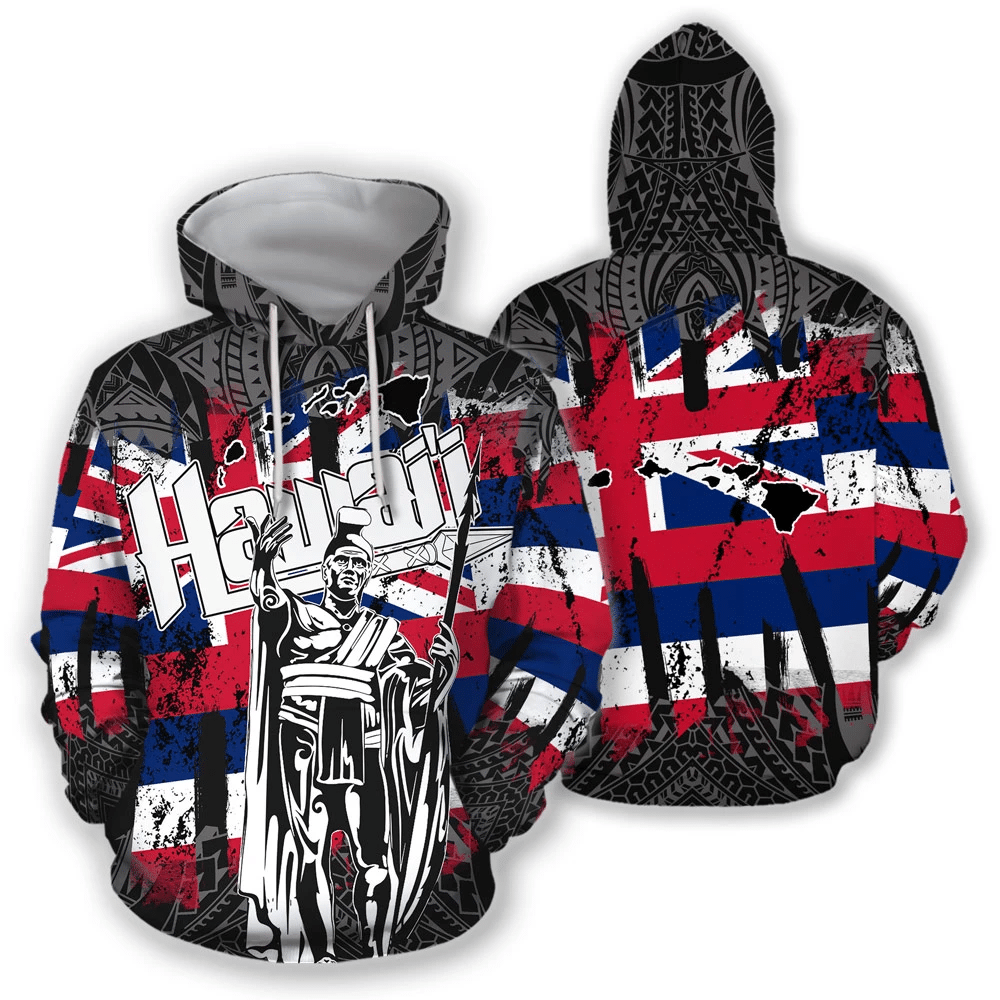 Black pullover hoodie with red/blue/white flag graphic and tribal pattern