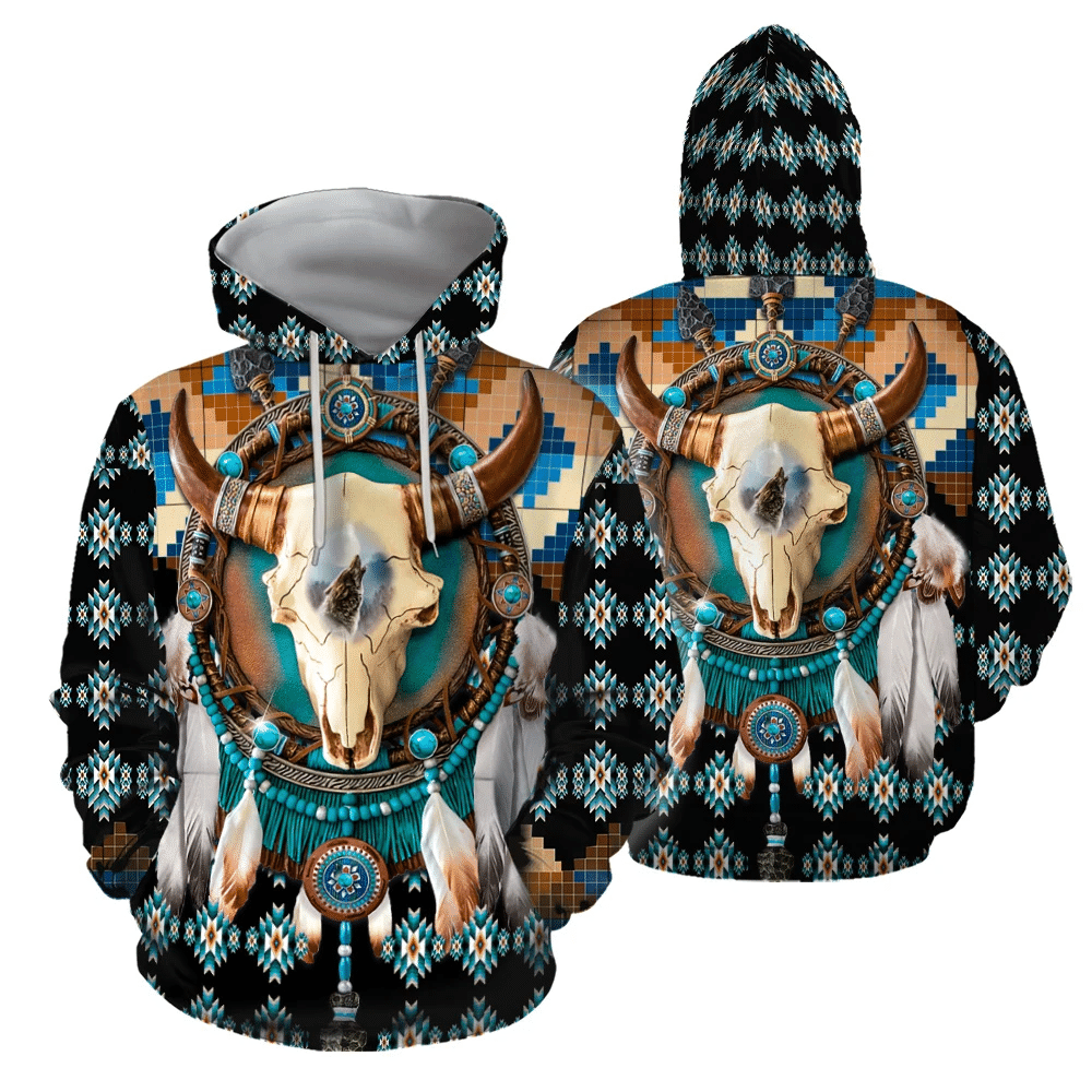 Pullover hoodie, all-over golden buffalo skull and wolf native print, hooded