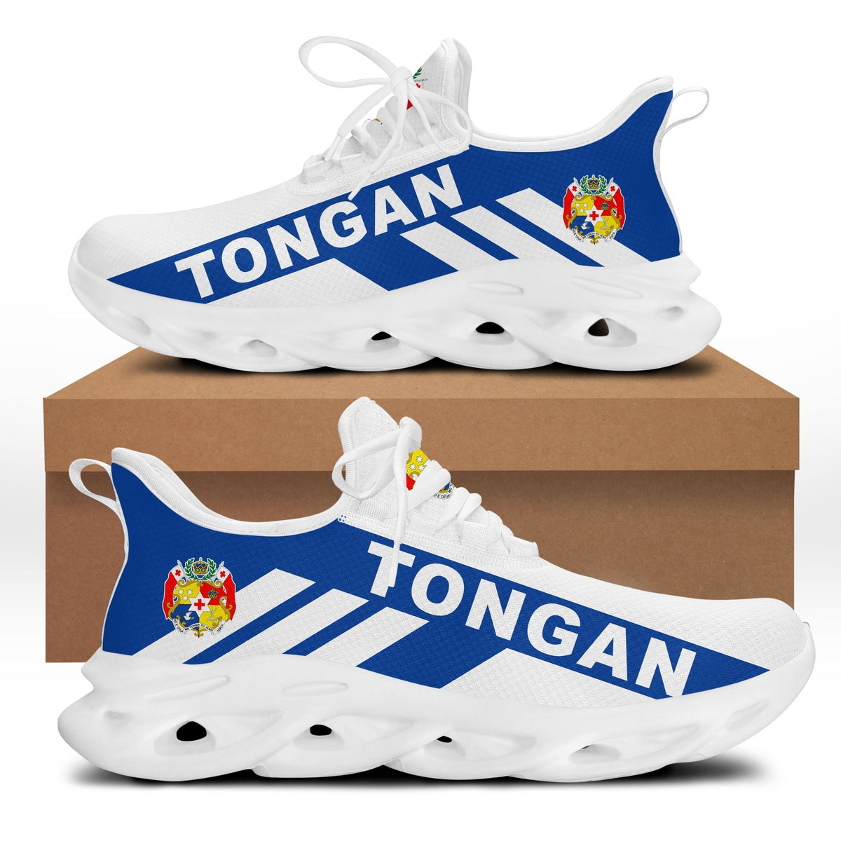 Blue-and-white clunky sneakers, white sole, TONGAN side print and crest patch