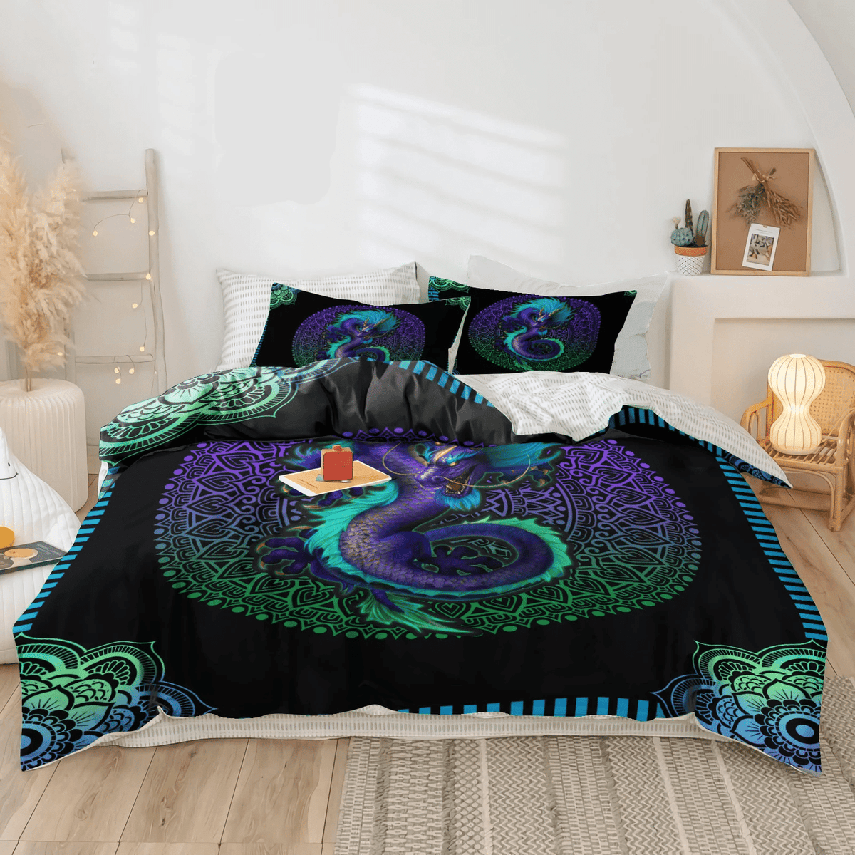 Multicolor bed comforter with central dragon mandala print, teal and purple scroll details