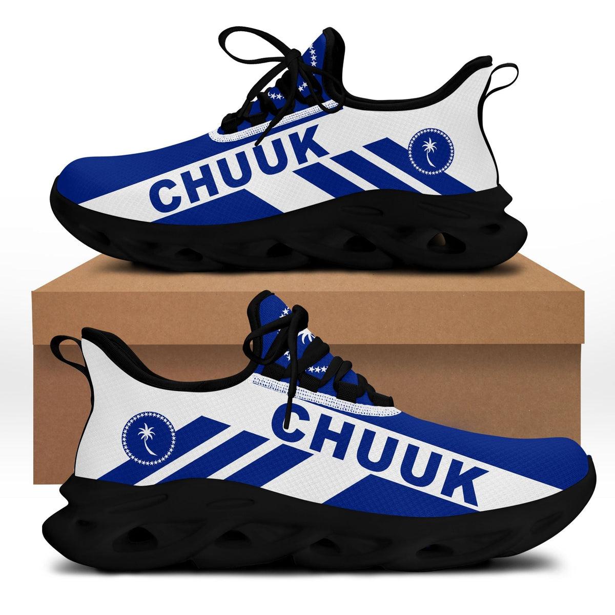 Chunky sneakers with blue-and-white Polynesian graphic, black laces, black sole