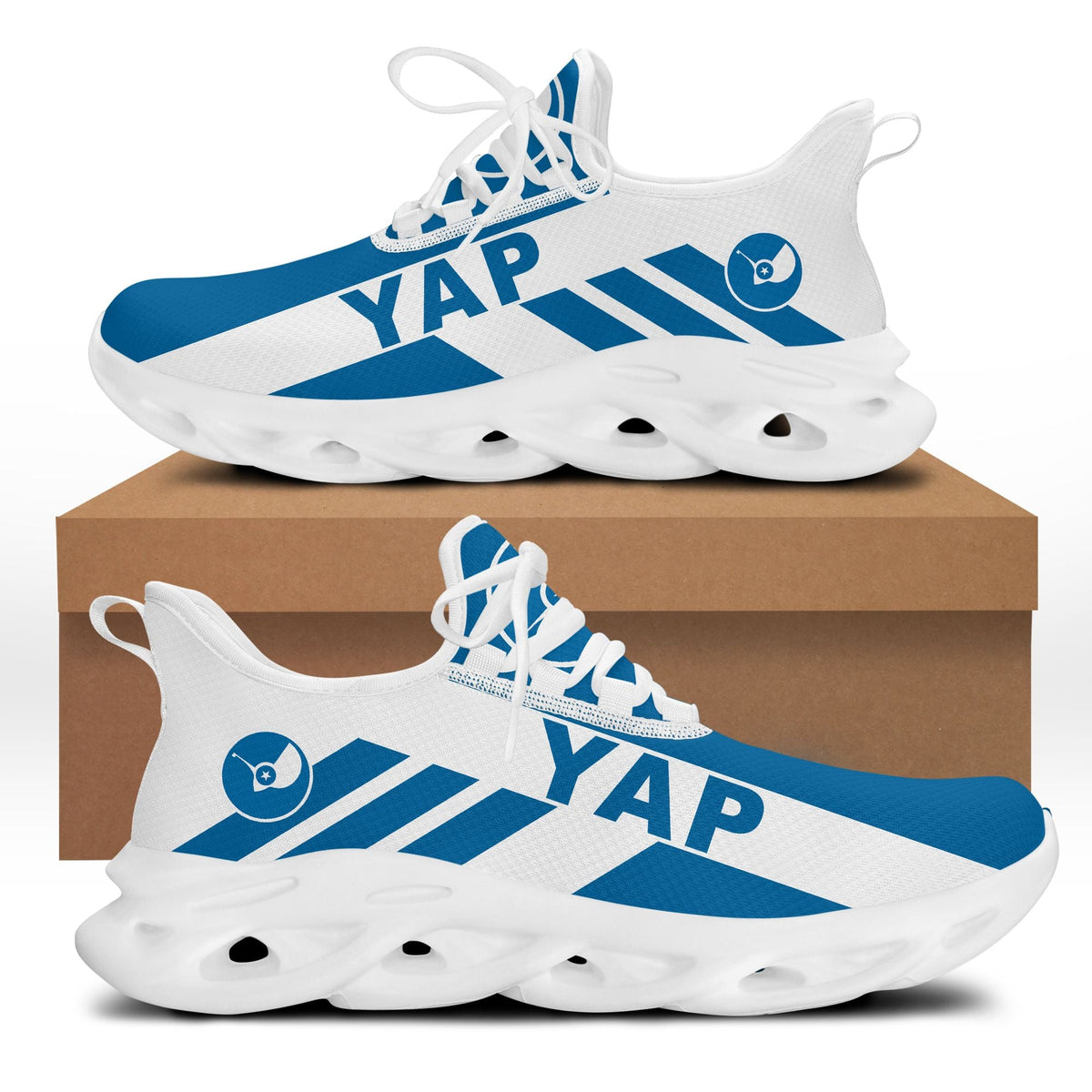 White and blue Yap flag clunky sneakers with perforated sole, lace-up style