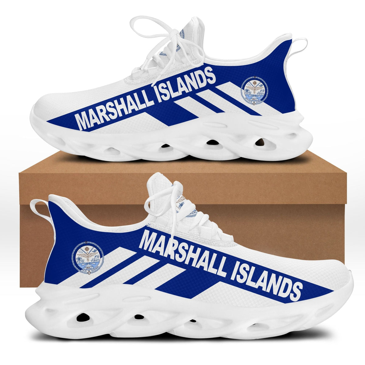 White and blue sport clunky sneakers with Marshall Islands flag print, lace-up side view