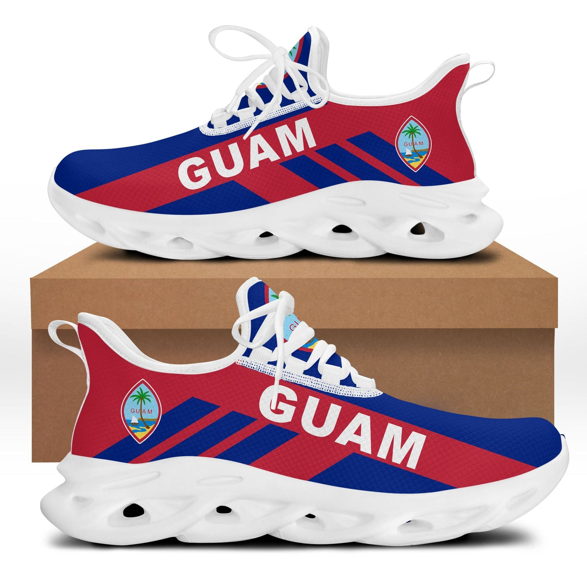 Guam flag chunky sneakers, white sole, blue red stripe pattern, lace-up style