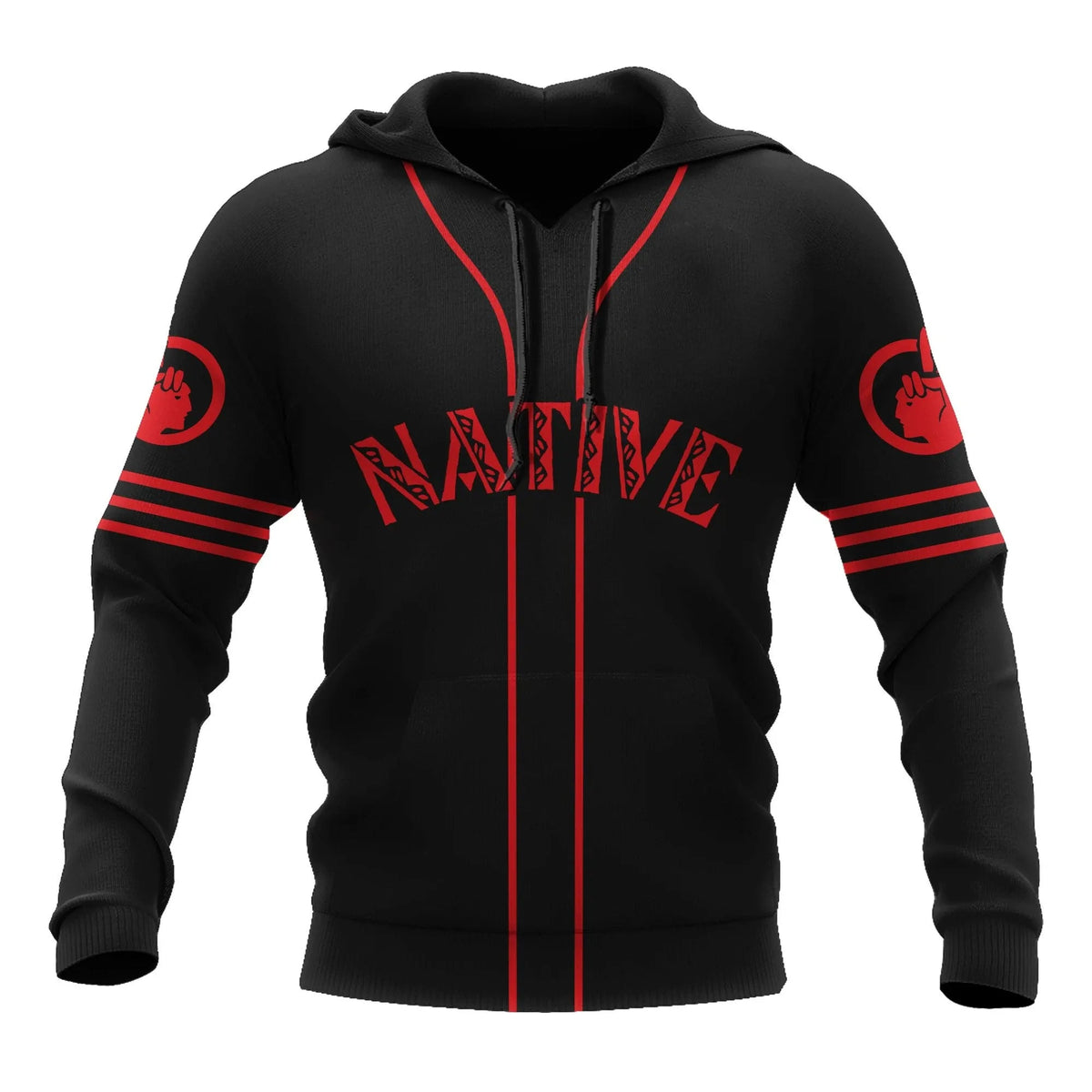 Black zip hoodie with red Native graphic, striped sleeves, and hood drawcord