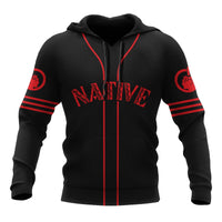 Black zip hoodie with red Native graphic, striped sleeves, and hood drawcord