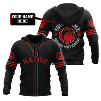Black pullover/zip hoodie featuring red Native emblem and “Your Name Here” label