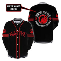 Personalized black baseball jacket, red back logo, red/white sleeve stripes