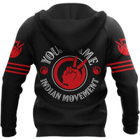 Black zip hoodie back view with large red circular Native emblem and slogan print