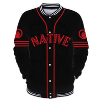 Black baseball jacket front with red vertical button placket and Native-style word graphic