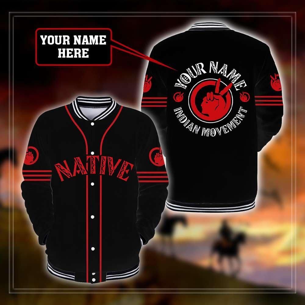 Black unisex baseball jacket with red vertical placket, white buttons, striped cuffs, name graphic