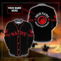 Black unisex baseball jacket with red vertical placket, white buttons, striped cuffs, name graphic