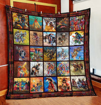 Native American multicolor quilt with square figure panels and dark red border