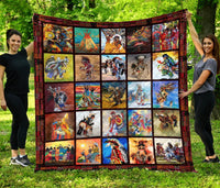 Native American quilt with multicolor square figure prints and dark red patterned border