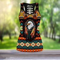 Front view: multicolor racerback tank with eagle dreamcatcher Native pattern